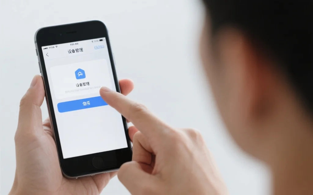一位用户在iPhone上操作“设备管理”界面，手指点选“信任”，背景简洁